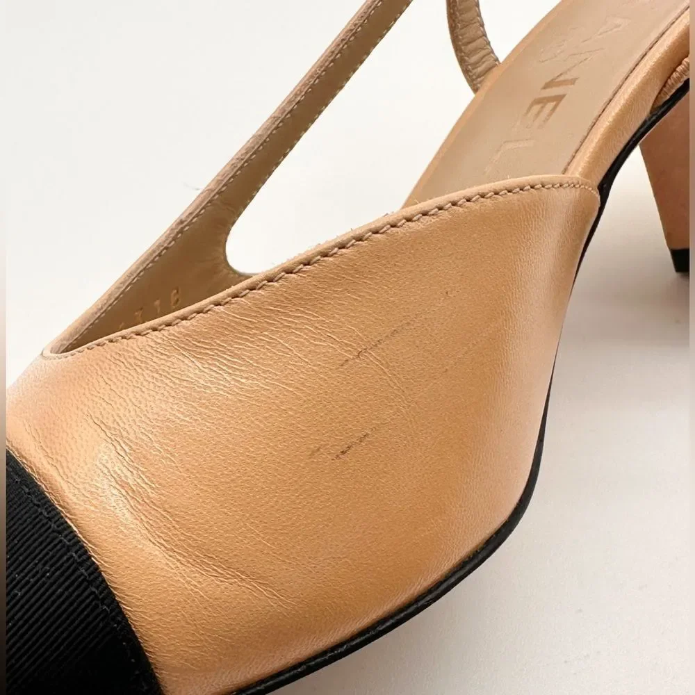 CHANEL Slingback Cap Toe Beige & Black Heels Leather Pumps EU 37.5 US 6.5-7